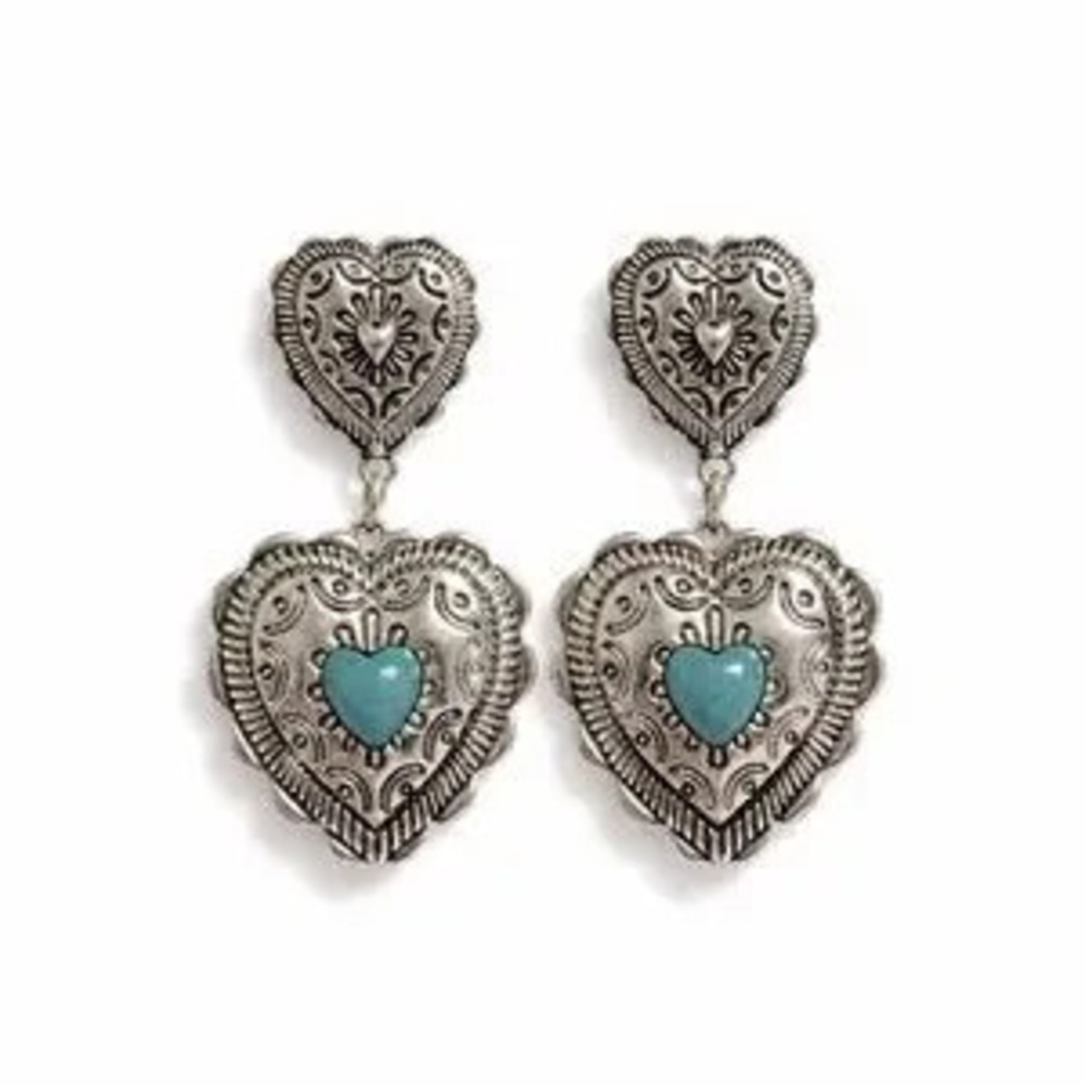 Western Silver Heart Drop Earrings with Turquoise Accents